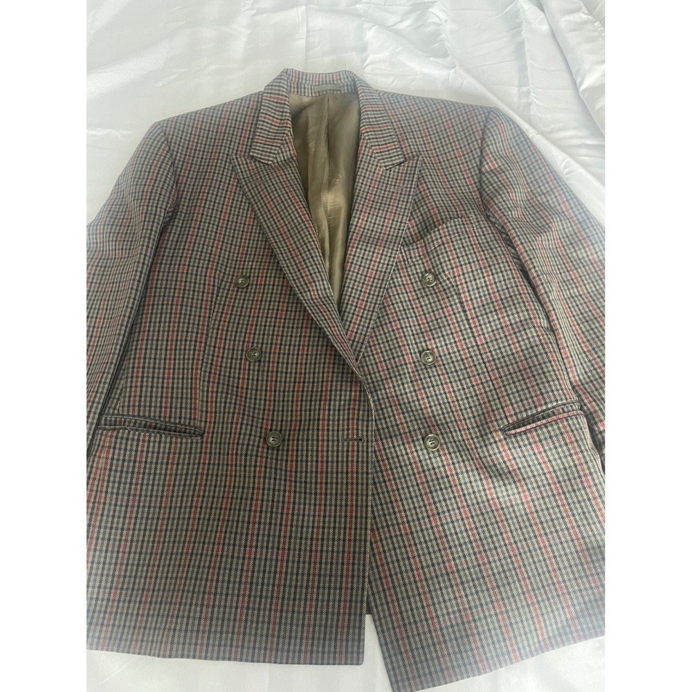 Magee Tailored Mens Plaid Double Breasted Blazer Grey Red Blue Peak Lapel Jacket